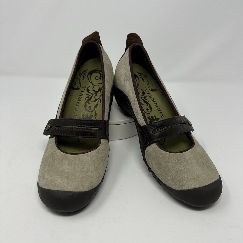 Merrell Size 7.5 Mary Jane Plaza Bandeau Dark Taupe Leather Wedge Comfort Shoe